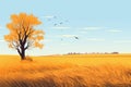 a lonely tree on a wheat field, minimalist flat illustration design