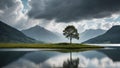 Lonely trees and mountain scenery by the lake,Generative AI Royalty Free Stock Photo