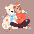 Cute happy woman with dog and gift box, Christmas ball and holly. Vector illustration in cartoon style. New Year