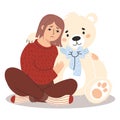 Lonely unhappy girl with white teddy bear toy. Sad holiday. Alone female character. Vector illustration. Concept