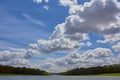 A lonely view of Versailles park, France. The geometric combination of green trees, grass areas and Grand Canal Royalty Free Stock Photo