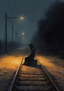 Lonely Vigil: A Man\'s Solitude on the Train Tracks of Uncertaint