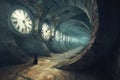 Lonely wanderer in timeless corridor with infinite clocks, exploring continuity of moments