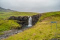 Lonely waterfall called Gufufoss near the road with a sign spelt its name at East Iceland, summer