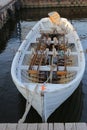 Lonely white-blue wooden boat with oars on the shore of a lake or river Royalty Free Stock Photo