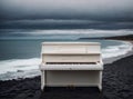 lonely white piano on a black beach near the sea with cloudy weather