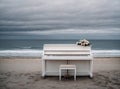 lonely white piano on the seashore with cloudy weather