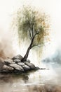 Lonely Willow Tree on Rocky Beach: A Minimalistic Watercolor Painting .