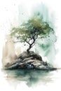 Lonely Willow Tree on Rocky Beach: A Minimalistic Watercolor Painting .