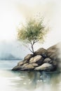 Lonely Willow Tree on Rocky Beach in Watercolor Style Painting .