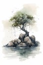 Lonely Willow Tree on Rocky Beach in Watercolor Style Painting .