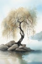 Lonely Willow Tree on Rocky Beach in Watercolor Style Painting .