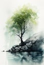 Lonely Willow Tree on Rocky Beach in Watercolor Style Painting .