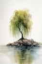 Lonely Willow Tree on Rocky Beach in Watercolor Style Painting .