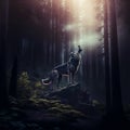 Lonely wolf howling in forest digital art