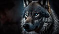 Lonely Wolf Portrait With Blue Eyes In The Dark - Generative AI