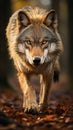 Lonely wolf walking in the forest to camera Royalty Free Stock Photo