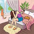 Lonely woman crying alone in her bedroom, depression and loneliness concept vector illustration in pop art comic style eps10 Royalty Free Stock Photo