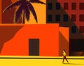 A lonely woman in a medical mask walks through an empty city filled with heat. vector illustration in bright colors