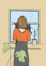 Lonely Woman near the window with cats. Vector hand drawn illustration.