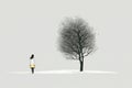 Lonely woman next to a tree. Loneliness concept. Created with generative AI technology