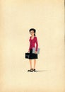 Lonely woman office manager with two briefcases. Illustration on tinted craft paper