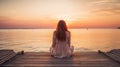 lonely woman sitting on wooden pier at lake or sea, serenity and calmness, solitude concept