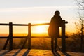 Lonely woman at sunrise. Solitude concept, alone in forest Royalty Free Stock Photo