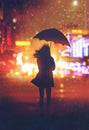 Lonely woman with umbrella in night city