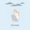 Lonely woman under raining clouds, depressed girl sit alone, bad mood, psychological disorder, depression banner