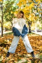 Lonely woman walk alone at autumn park, lifestyle Royalty Free Stock Photo