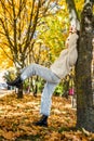 Lonely woman walk alone at autumn park, lifestyle Royalty Free Stock Photo