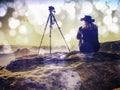 Lonely woman watching sunset alone in winter on the summit Royalty Free Stock Photo