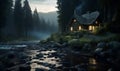 lonely wooden house in the riverside forest, ai generative