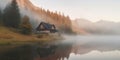 lonely wooden house on the shore of the Mountain Lake