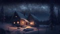 Lonely wooden house in the winter night forest.