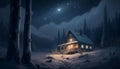 Lonely wooden house in the winter night forest.