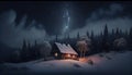 Lonely wooden house in the winter night forest.