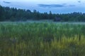 Lonely wooden rural house in the field. Evening fog. Royalty Free Stock Photo