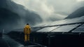 Lonely worker in yellow protective suit maintaining solar panels installation in a remote location. Generative AI