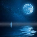 Lonely yacht in ocean with Moon and Stars