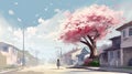 a lonely young children standing alone in front of a big cherry tree, concept artwork, ai generated image Royalty Free Stock Photo