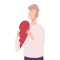 Lonely Young Man Holding Half of Broken Heart, Lonely and Sad Girl Character Flat Vector Illustration