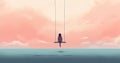 Lonely young woman feeling worried and depressed sitting on swing over the sea looking soft pink sky