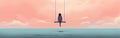 Lonely young woman feeling worried and depressed sitting on swing over the sea looking soft pink sky Royalty Free Stock Photo