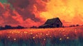 Lonesome Barn in a Red Flower Field at Sunset Royalty Free Stock Photo