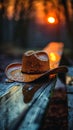 Lonesome Cowboy Hat Resting on a Barn Beam at Dusk The hat blurs with the wood Royalty Free Stock Photo