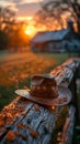 Lonesome Cowboy Hat Resting on a Barn Beam at Dusk The hat blurs with the wood Royalty Free Stock Photo