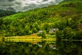 Lonesome House At Calm And Smooth Lake In Scotland