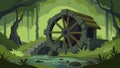 Long abandoned the mosscovered waterwheel told the tale of a bygone era when technology was simpler and slower.. Vector
